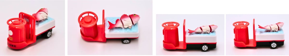 ターレーの車輪が動くと“鯛(たい)”がぴちぴちと上下に躍動します。