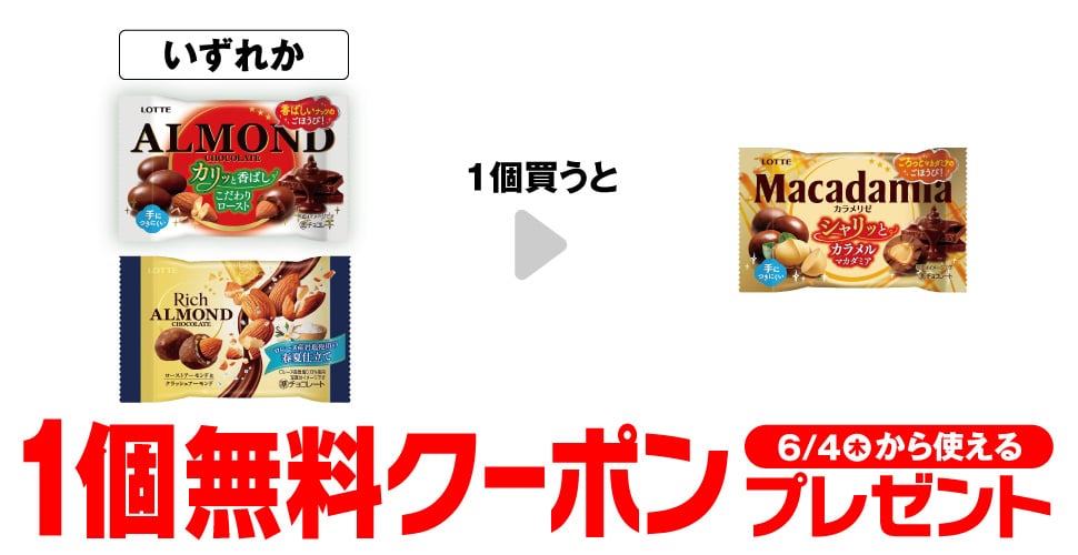 「ロッテ アーモンド ポップジョイ」「ロッテ リッチアーモンドチョコ ポップジョイ」いずれか1個買うと、「ロッテ マカダミア ポップジョイ」1個