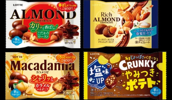 ロッテ ポップジョイ（アーモンドチョコレート〈カリッと香ばしアーモンド〉／リッチアーモンドチョコレート 春夏仕立て／マカダミア〈カラメリゼ〉／クランキー やみつきポテト塩）