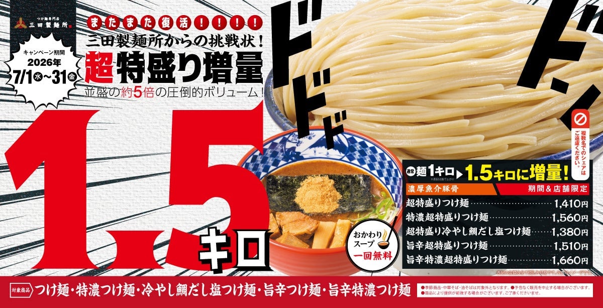 三田製麺所の伝説が再び！超特盛り1.5kgつけ麺が期間限定で復活 7月1日〜