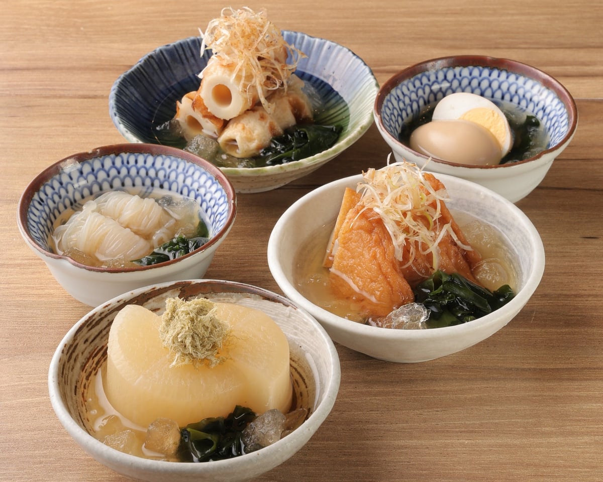 ラインナップ（全5種）大根 ／ さつま揚げ ／ 竹輪 ／ 玉子 ／ 白滝