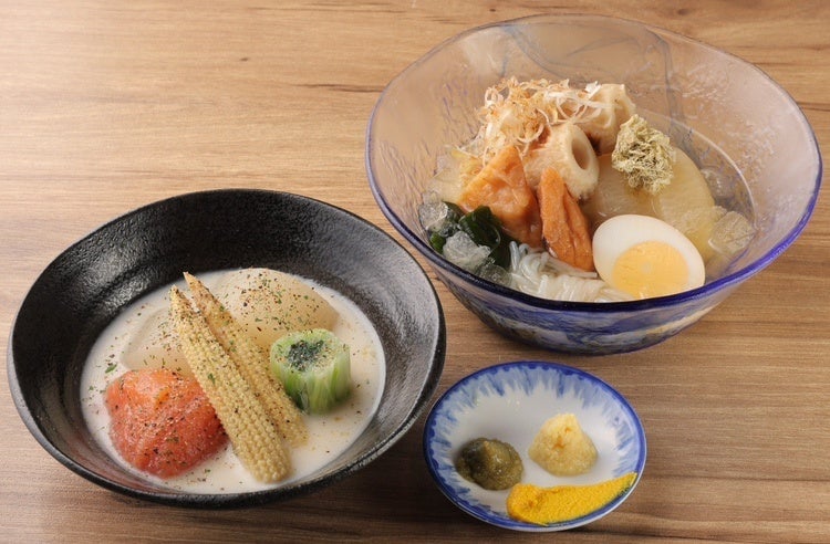 （左）鶏だし盛合せ三種盛 ／（右）あごだし盛合せ五種盛