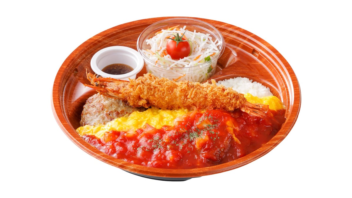 角切りトマトとびっくりエビフライのオムバーグディッシュ