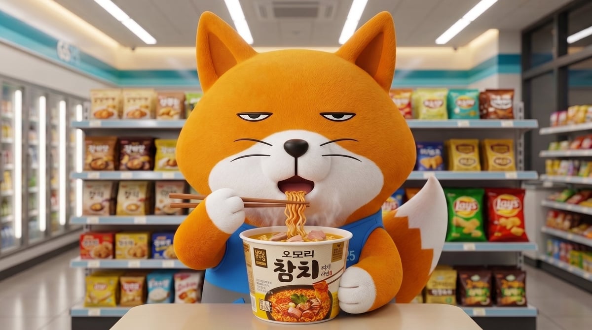 イメージ:GS25公式キャラクターであるムムシがオモリツナチゲラーメンを食べる様子