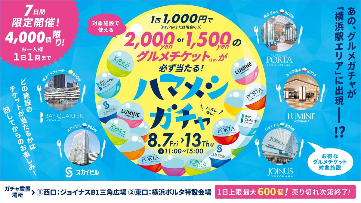 横浜駅エリアで1回税込1,000円のグルメガチャ「ハマメシガチャ」が8月7日から開催