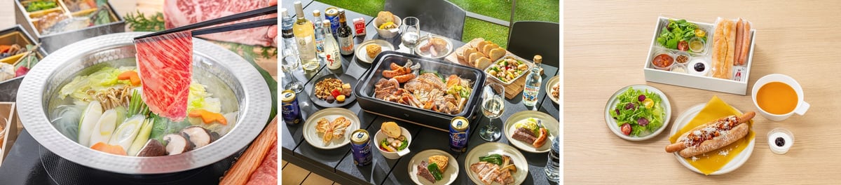夕食の「しゃぶしゃぶ」(左)、テラスで楽しむ「鉄板焼き」(中央)、洋朝食BOX(右)