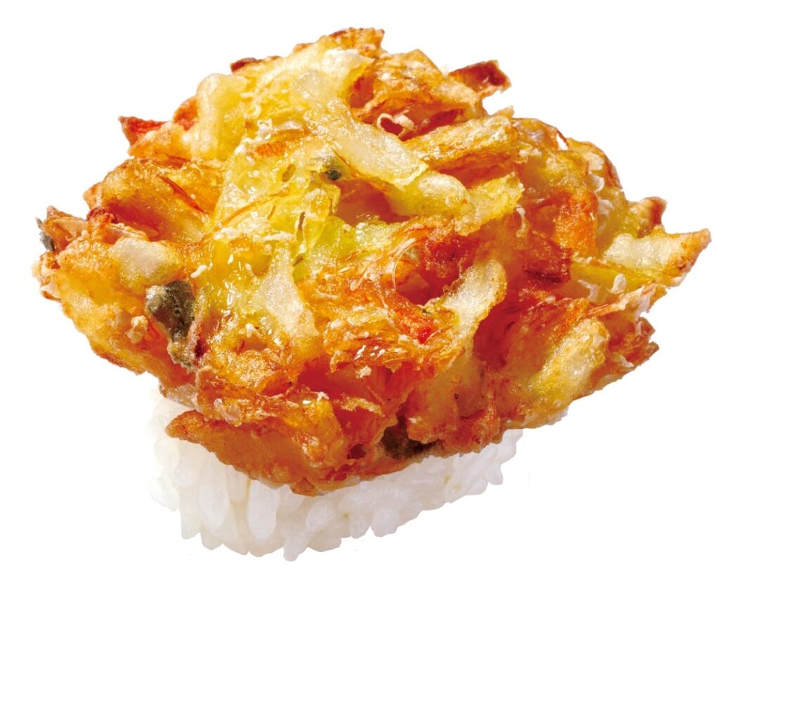 国産野菜と白えびのかき揚げ握り (富山県産 白えび使用) 100円(税込110円)