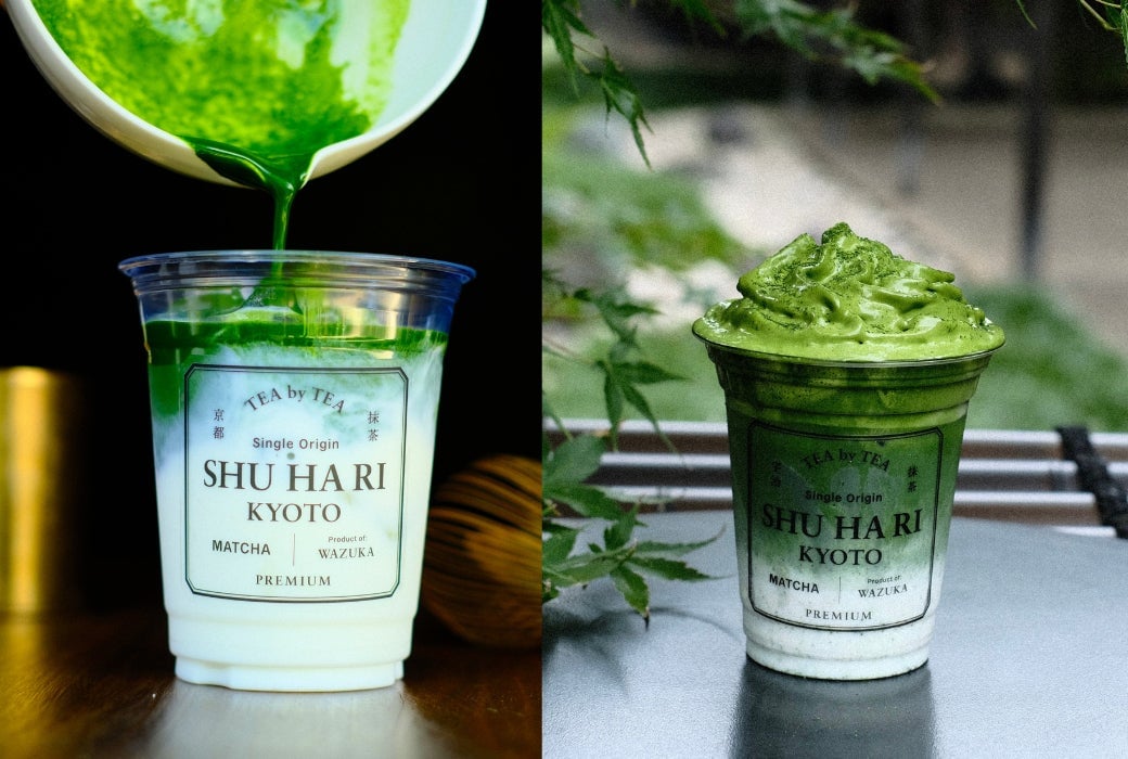 京都「SHUHARI KYOTO」左)シングルオリジン抹茶のラテ(1杯) 821円 ※イートインのみ 右)宇治抹茶のエスプーマラテ(1杯) 1,201円 ※イートインのみ