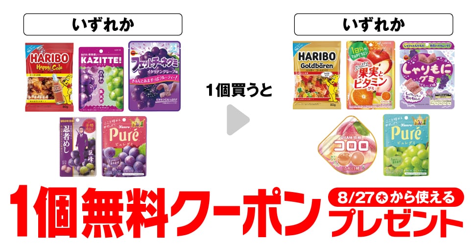 ハリボー ハッピーコーラ/カジッテ グレープ&マスカット/フェットチーネグミ イタリアングレープ/忍者めし 巨峰味/カンロ ピュレグミ グレープ