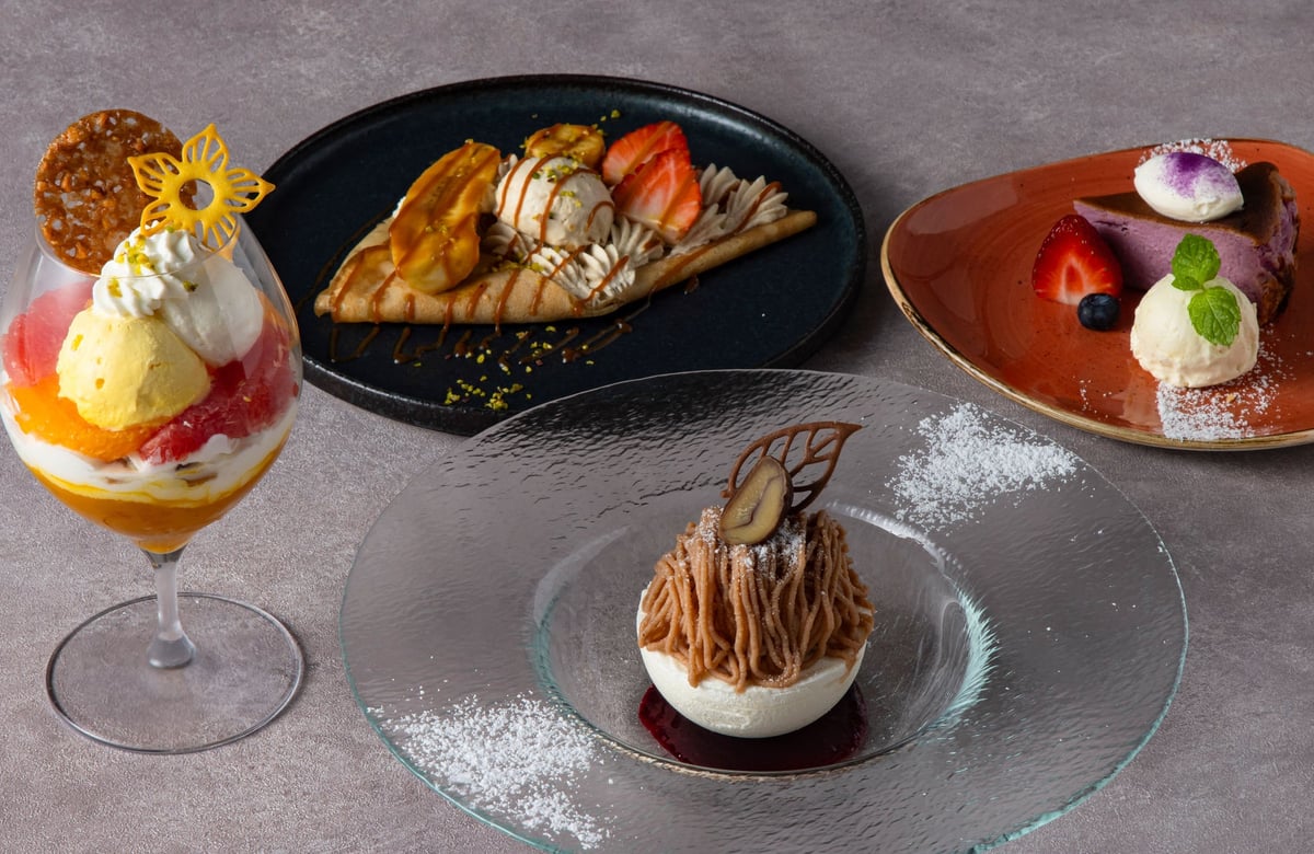 ・柑橘のパフェ 1,500円 ・紅芋のバスクチーズケーキとバニラアイス 1,200円・黒糖のクレープと黒糖アイス 1,200円・マロンのヴァシュラン 1,500円