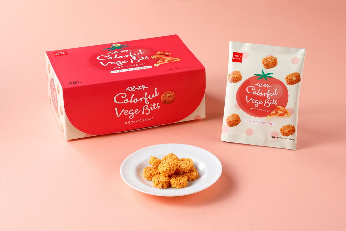 【取り扱い商品】 ベビースターカラフルベジビッツ (トマトとチーズのピザ味) 内容量：160g(20g×8袋) 価 格：900円(税込) トマトを練り込んだやさしい味わいと、ココロ弾む赤い彩りのベビースターです。トマトチーズピザ味に仕上げた麺とフリーズドライチーズをギュッとひとくちサイズのビッツに仕上げました。