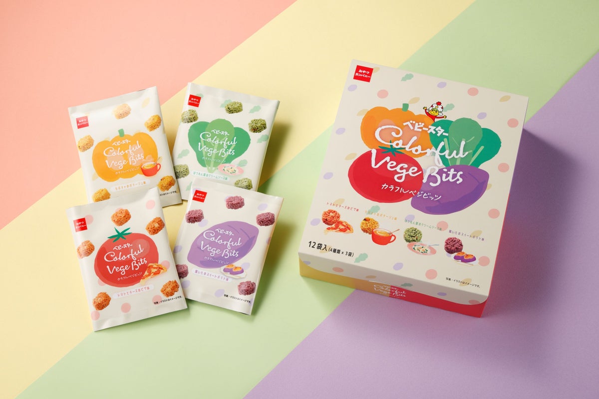 ベビースターカラフルベジビッツ4種アソート 内容量：240g(20g×12袋) 価 格：1,300円(税込) ベビースターカラフルベジビッツ4種が各3袋入ったアソートセット。カラフルな野菜入りの麺をギュッとひとくちサイズのビッツに仕上げました。彩り豊かな4種の味わいが楽しめる、東京土産にも、自分へのご褒美にもオススメです。