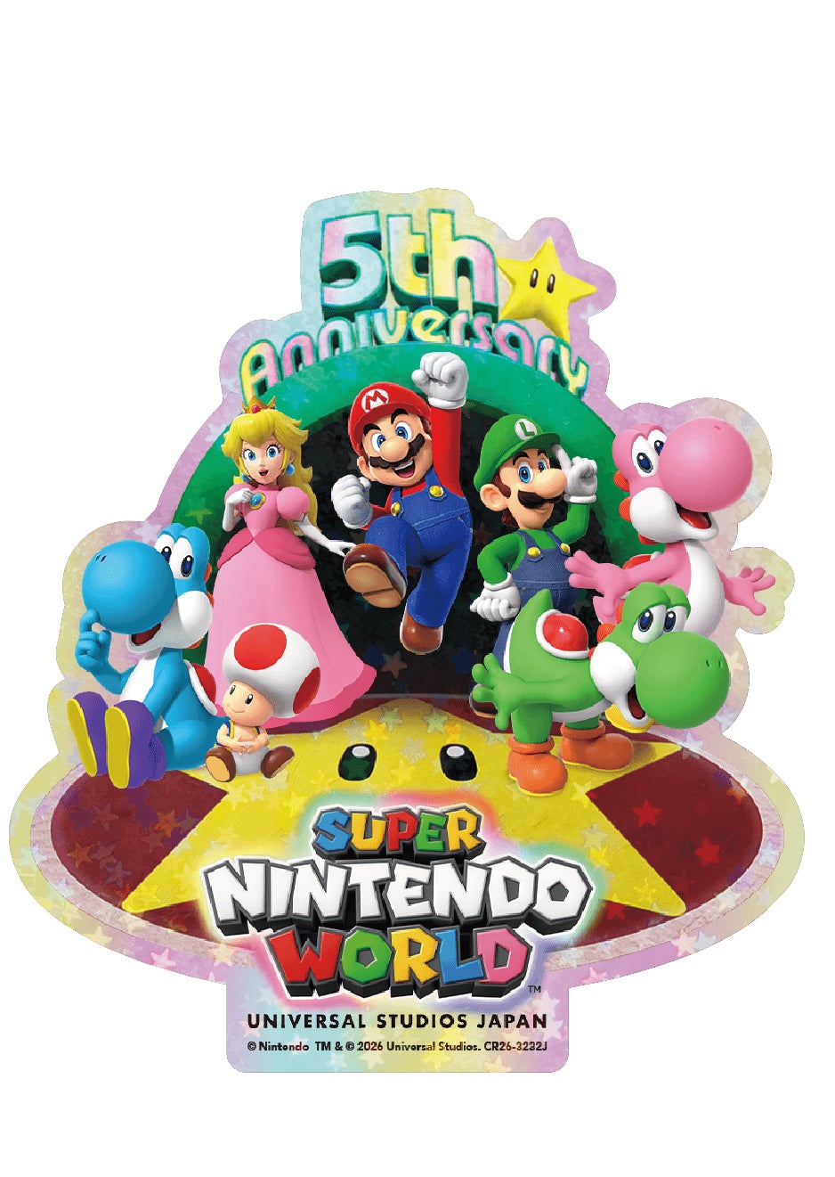 マリオと仲間たちがケーキを作っていたところ、飾りつけに使うはずだった「スーパースター」が、エリアのあちこちに飛び散ってしまいました!エリアに散らばった“スター”を探してクルーに届けると、5周年を記念した特別なステッカーをプレゼント!さらに、今回のフィナーレでは、ステッカーが新しいデザインに変更されます。マリオたちに加えて、カラフルなヨッシーたちがデザインされた、キラキラと輝く特別仕様で登場します。エリア内に点在する“スター”を仲間と一緒に探したり、手や体を使ったポーズで“スター”を表現したりと、みんなで“一致団結”できる体験をお楽しみいただけます。開業5周年のフィナーレを彩る特別なステッカーを手に入れて、仲間と一緒に『スーパー・ニンテンドー・ワールド™』をさらに“無敵”に楽しもう!