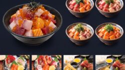 【左上】1日限定10食「本日のぜいたく丼」【右上】2度おいしい！「海鮮＆だし茶漬け」（マグロとサーモン／マグロとブリ／ブリとサーモン／サーモンといくら）【左下】刺身3種／5種盛り定食 【右下】刺身＆天ぷら定食／刺身＆焼き魚定食