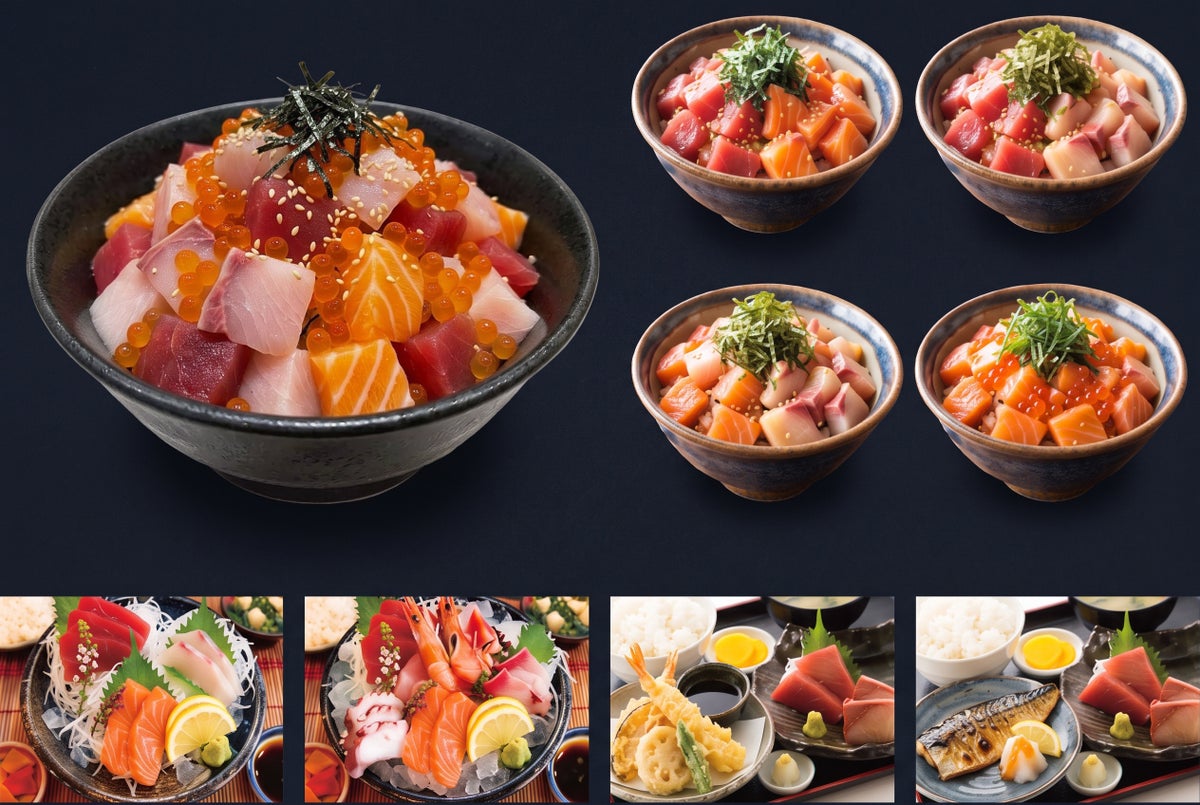 【左上】1日限定10食「本日のぜいたく丼」【右上】2度おいしい！「海鮮＆だし茶漬け」（マグロとサーモン／マグロとブリ／ブリとサーモン／サーモンといくら）【左下】刺身3種／5種盛り定食 【右下】刺身＆天ぷら定食／刺身＆焼き魚定食