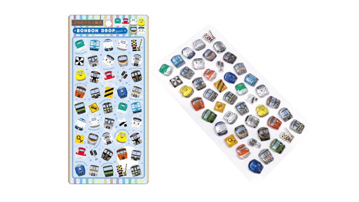 JRグループ6社から各3車両、全18車両と鉄道標識をデザインした「BONBON DROPシール」です。ぷっくりとした立体感と、キャンディのような透明感が魅力！