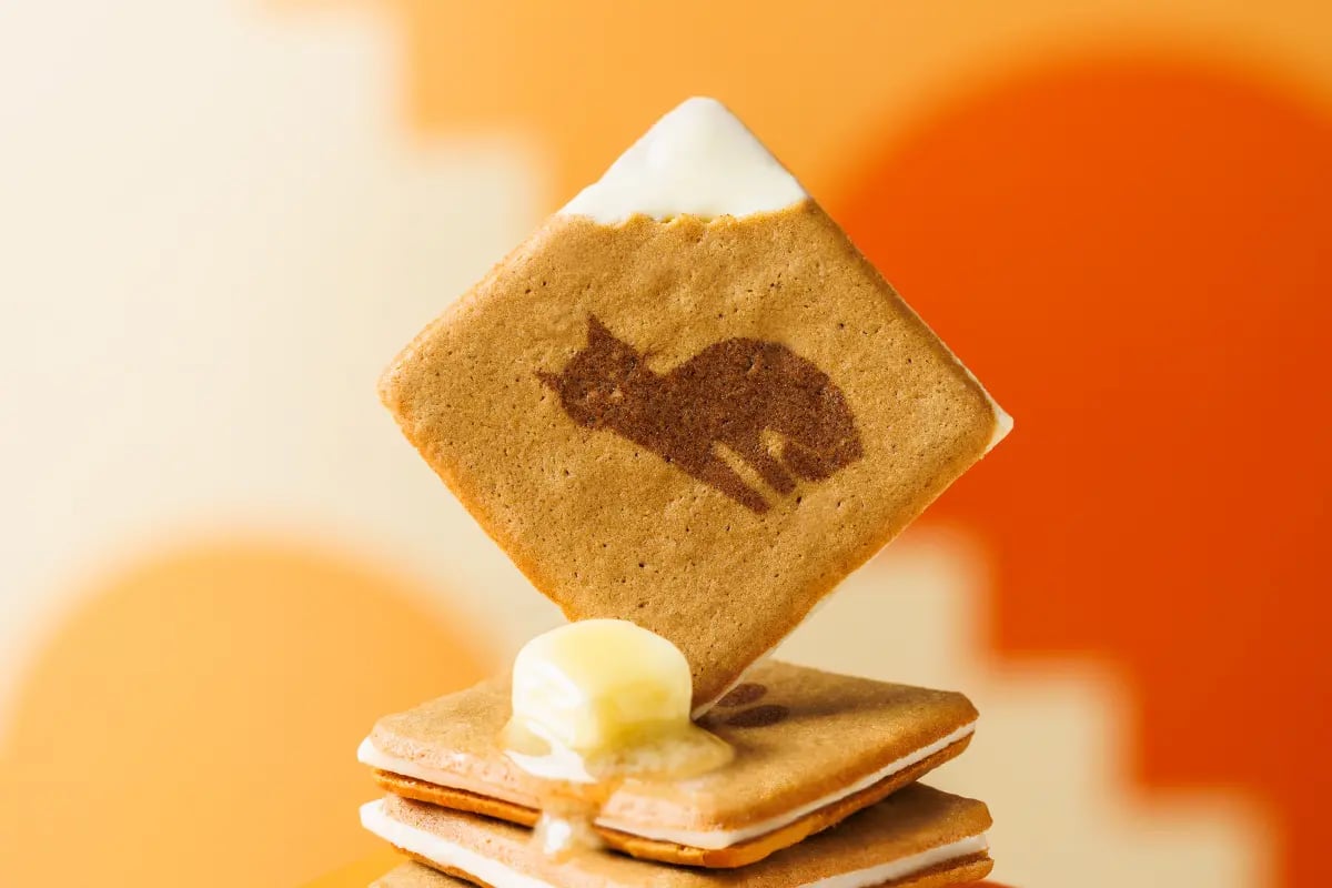 黒糖とグラスフェッドバター※1 を練り込んだ生地を軽やかに焼き上げ、バター風味のチョコ※2 をラングドシャでサンド。黒糖のやさしい甘みとバターのコクが重なり合い、奥行きのある味わいに仕上げました。天面にはコクネコや肉球をあしらい、愛らしくて遊び心がある一品です。 9枚入1,458円（税込） 18枚入2,916円（税込） ※1バター中グラスフェッドバター90％。グラスフェッドバターとは、放牧酪農により飼育された乳牛のバターです。牧草主体で育ち、飼料は補助的な使用にとどめています。 ※2チョコレートコーチング使用