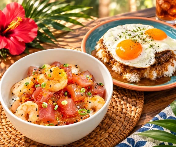 店舗名：POKE BOO DINER ハワイの本格的なローカルフードを気軽に楽しめる「POKE BOO DINER」。沖縄県産の新鮮な生マグロを使用したポケボウルをはじめ、ジューシーなロコモコ、ガーリックシュリンプ、アヒステーキ、カルアポークなど、ハワイで親しまれている料理をご用意しています。ハワイの開放的な雰囲気を感じられる店内で、ご家族やご友人とともに、まるで現地を訪れたような気分で本格的なハワイアンフードをお楽しみいただけます。