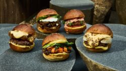 右から時計回りに京かぶグラタンバーガー、京野菜味噌照り焼きバーガー、山椒牛すきバーガー、舞茸天ぷらのジャンキーチーズバーガー、山椒牛すきバーガー、フィッシュフライのしば漬けタルタルバーガー